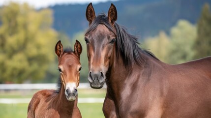 Fototapeta premium Brown mare with young foal standing in a green field. Portrait of a mother horse and her baby animal. Concept of animal love, family care, nature, equestrian breeding and rural life.