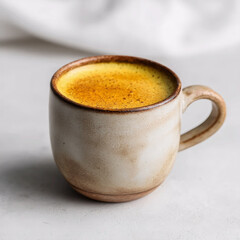 Obraz premium Cozy handmade ceramic mug filled with steaming golden milk turmeric latte, topped with frothy foam and spice dusting, on neutral white fabric backdrop, minimalist wellness drink aesthetic.