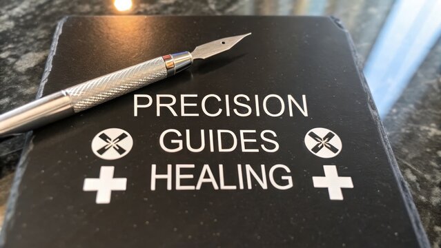 Shining Surgical Scalpel Resting on Precision Guides Healing Label