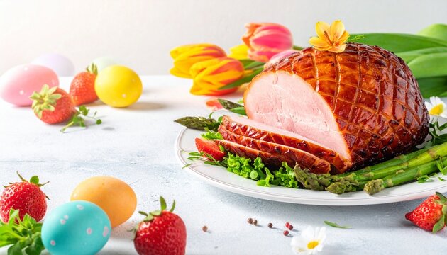 Easter ham with eggs and tulips