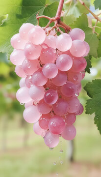 Racimo de uvas rosas de color claro japonesas en vi&ntilde;edo con fondo borroso verde en un campo de vides