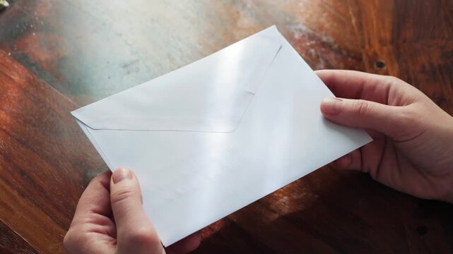 A person holding and slowly turning an envelope in their hands over a wooden table. High quality 4k footage