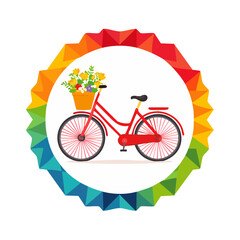 Fototapeta premium Red bicycle with flower basket inside colorful geometric circle emblem