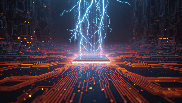 超未来の中枢を思わせる発光半導体チップの壮大なSF技術イメージ