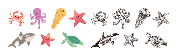 Cute hand drawn colored marine animals set with crab octopus jellyfish starfish turtle in flat and vintage line style © Mariia Mazaeva