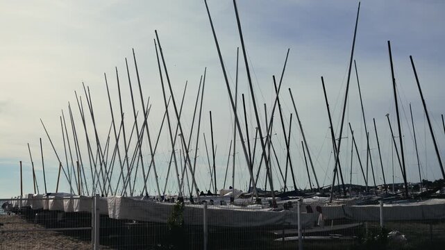 Sailboats are stored for winter on the sandy beach by the sea. Their hulls rest quietly on the shore, masts lowered or secured, surrounded by the calm atmosphere of the off-season. The quiet pause