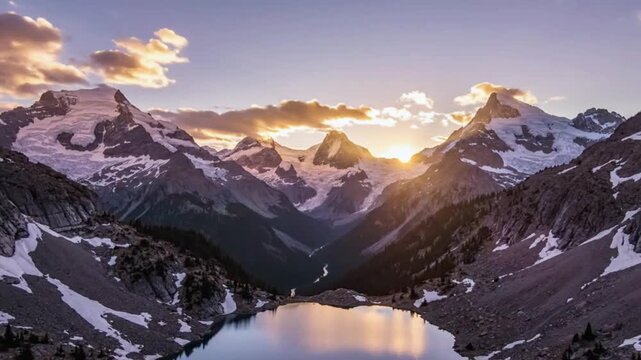 Majestic snowcapped mountain range vista reflecting upon a pristine alpine lake during sunset footage video clip