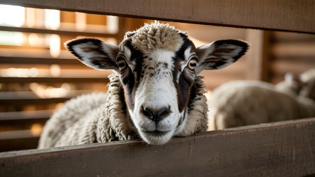 A sheep with a white and brown face peeking over a wooden fence in a barn