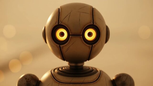 Cinematic close-up of a retro robot with glowing eyes, warm soft lighting and detailed metal textures, creating a futuristic yet nostalgic atmosphere.