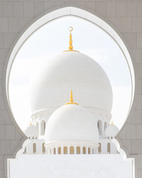 View of pristine white domes ascending gracefully, adorned with golden crescents, framed by a stone archway against a bright sky, Abu Dhabi, United Arab Emirates.