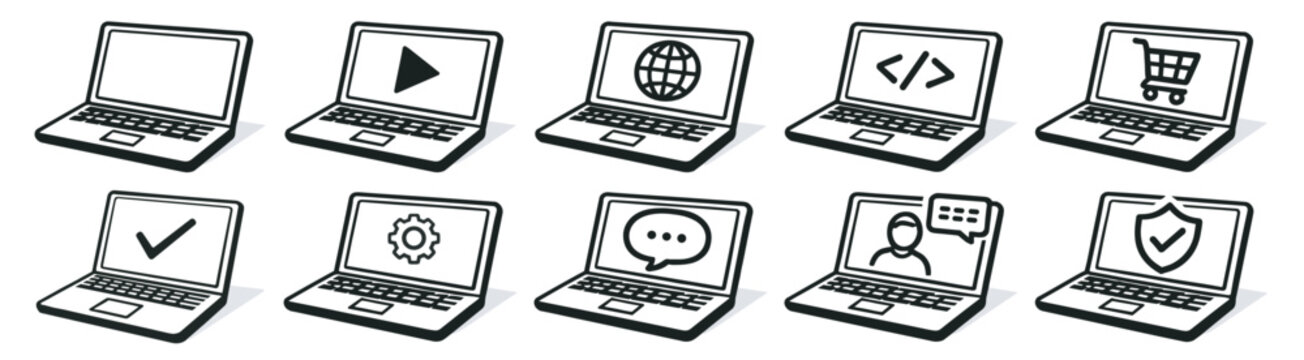 laptop computer vector icon set with various screen symbols including play, globe, code, shopping, chat, settings and security on transparent background