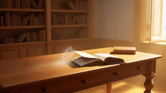 Wide shot of a sunlit study where a heat haze like distortion in the air moves across a desk turning pages of a heavy book before dissipating, subtle ethereal assistant atmosphere