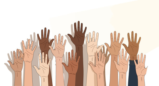 Diverse hands reaching upwards against a white background for unity and support