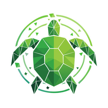 Geometric green sea turtle emblem with circular abstract design element