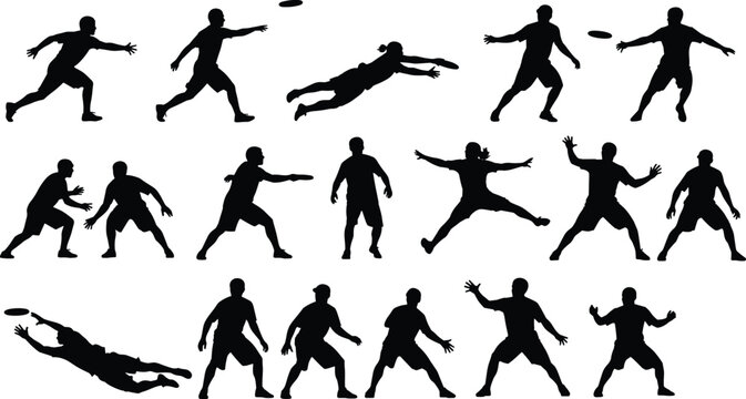 Ultimate Frisbee Player Silhouette Set, Sports Action Poses, People Throwing, Catching, Diving for Disc, Athletic Team Game, Vector Illustration Isolated