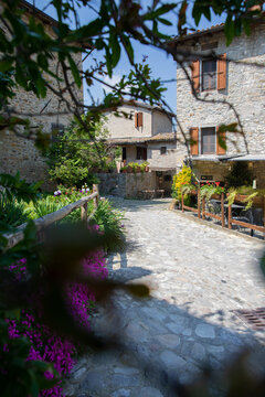 View of rustic stone buildings line a winding cobblestone street, framed by vibrant flowers and leafy branches creating a charming, timeless scene, Parma, Emilia Romagna, Italy.