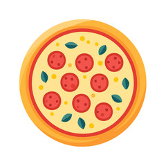 Fototapeta premium Flat Illustration of Pepperoni Pizza with Cheese and Basil Leaves