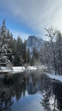 river flowing in front of Half Dome in Yosemite National Park on a sunny winter day in February