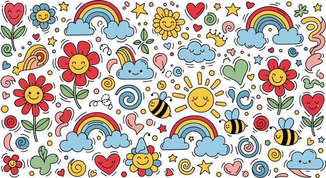 Cute doodle pattern vector with smiling flowers, rainbows, bees, hearts, clouds and sun in colorful playful cartoon style for cheerful design