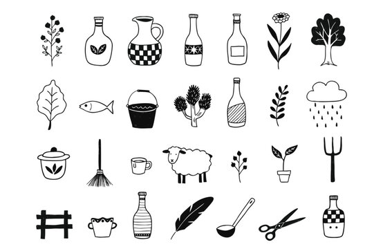 
Collection of black and white illustrations of various farm and garden items