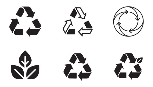 Recycle symbol and leaf illustration vector set, environmental protection icons on transparent background.