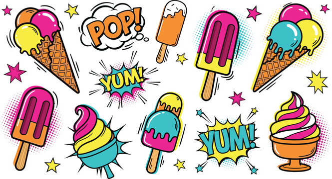 Pop art ice cream vector set with colorful popsicles, cones, comic style text, halftone effects and sweet dessert illustrations for fun design