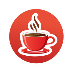 Obraz premium Steaming Red Coffee Cup and Saucer with Aroma Swirls on a Vibrant Red Circle