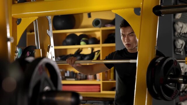 Focus muscular sportsman training biceps with six pack of abs, performing snatching heavy barbell squat, exercising lifting weights, sweating profusely, show power, strength, determination in training