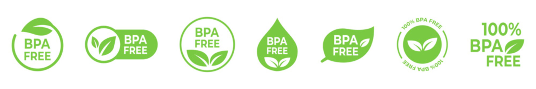 BPA free icon collection. clean label symbols and safety badges for food packaging, baby product labeling, health supplement branding and eco friendly consumer goods marketing