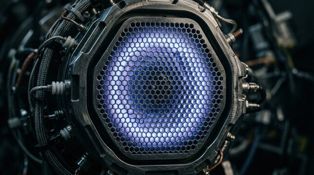 Macro photograph of a futuristic ion thruster grid glowing faintly with residual xenon plasma energy within an intricate metallic mesh.