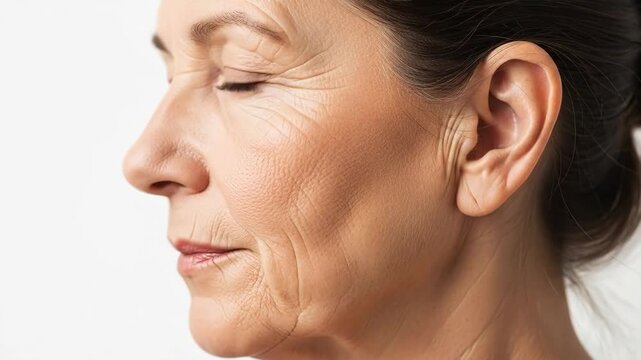 A close-up of an older woman's face showing wrinkles and aging skin
