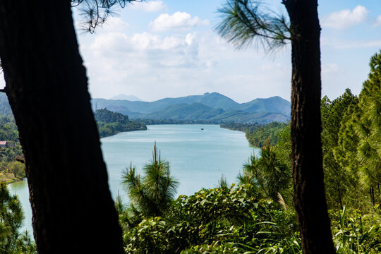 View of the perfume river framed by dark tree trunks and lush greenery, leading towards distant mountains under a bright, airy sky, Hue, Vietnam.