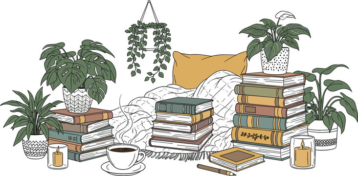 Cozy reading corner vector illustration with stacked books, houseplants, coffee cup, candles and blanket creating warm home interior relaxation scene