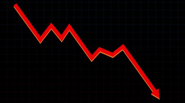 Market decline line graph animation. Falling trend arrow showing financial loss and negative performance on dark grid background