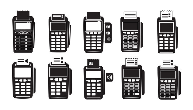 Payment terminal and credit card machine silhouette icons for electronic transactions illustration