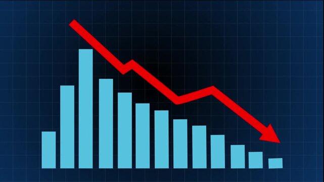 Business decline graph animation. Falling bar chart with downward arrow showing financial loss and negative trend on dark grid background.