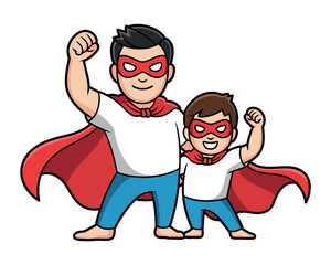 Naklejka premium A cartoon illustration of a father and son dressed as superheroes with capes and masks.