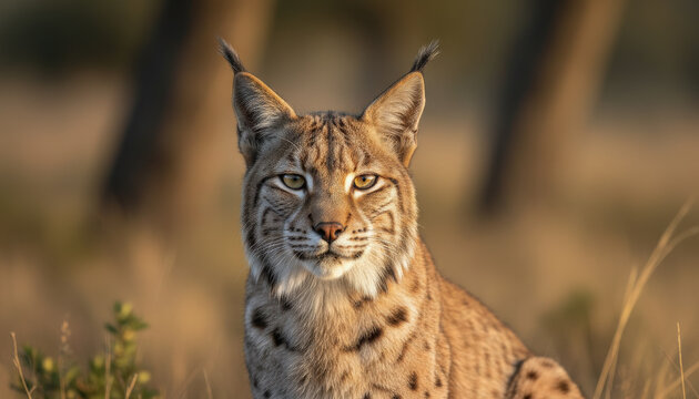 Lince iberico espa&ntilde;ol con fondo borroso de naturaleza al atardecer