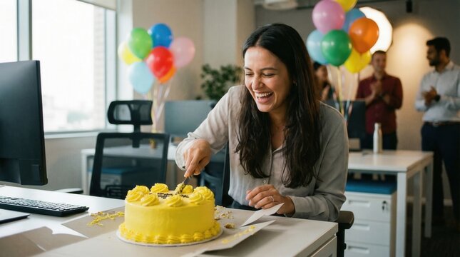 Happy woman cutting yellow birthday cake during surprise office party celebration