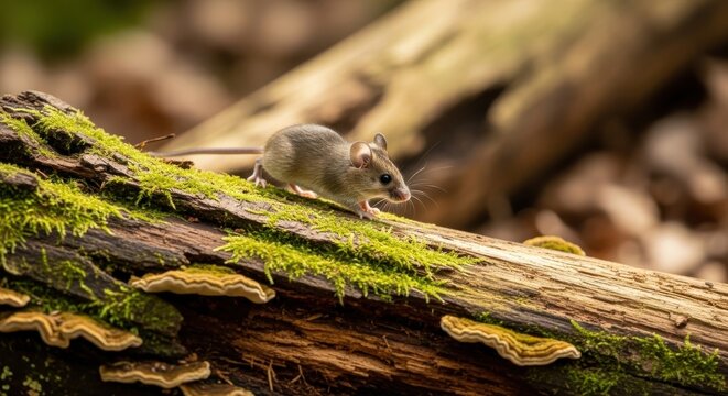 Agile mouse scurrying across a mossy decaying log in a forest habitat, capturing a moment of wildlife exploration.