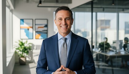 Fototapeta premium A confident businessman standing in a modern office with a city view