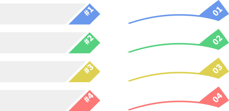 青・緑・黄・赤のカラフルなインデックスバナーと流線型の見出しラベルセット。ステップアップや箇条書きのビジネス資料向けベクターイラスト。