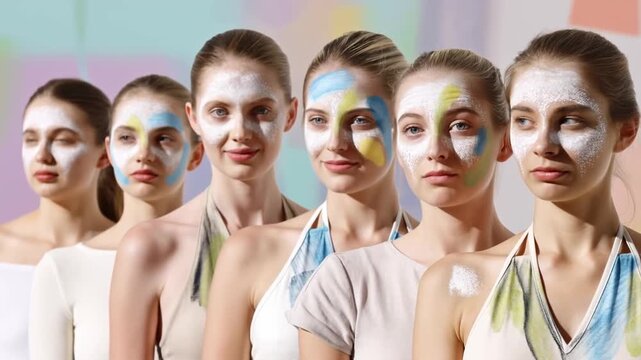 Group of young women with artistic face paint posing in a creative setting. Celebrating beauty, art, and self-expression through makeup and fashion