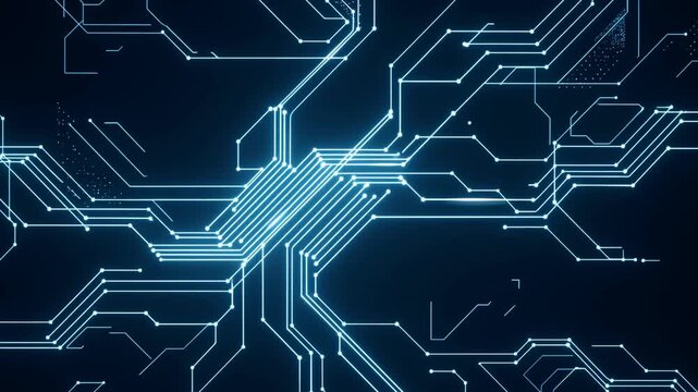Abstract digital circuit board animation with glowing lines and nodes. Represents technology, innovation, and connectivity in the digital age