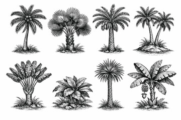 Fototapeta premium Vintage engraved palm tree collection in black and white tropical botanical illustration style
