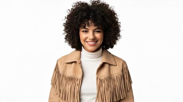 A young woman with curly hair smiling and wearing a fringed jacket