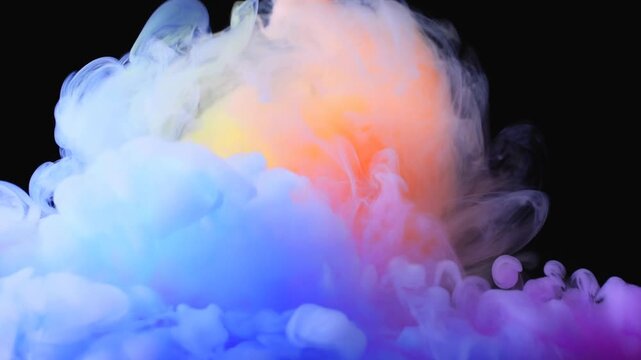 Colorful smoke swirling against a black background. Abstract visual effects for creative projects, representing transformation and fluidity