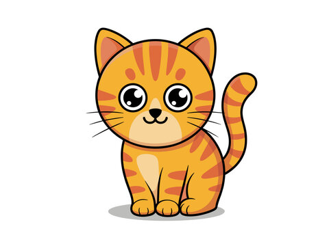 Cute cartoon ginger tabby kitten sitting isolated on white background, friendly orange cat drawing for children story books vector illustration, playful pet mascot design for nursery decor or kids ite