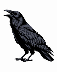 Fototapeta premium Detailed illustration of a majestic black raven standing with its beak wide open, isolated on a clean white background, perfect for mystical nature design, gothic art projects, wildlife decor, and sym