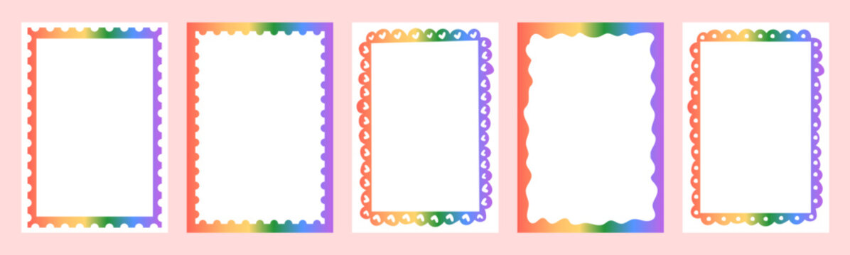 Vibrant rainbow gradient frame set. Retro scalloped and wavy borders with blank white copy space. Funky stamp style labels for pride events, party invites, and social media. Vector illustration.